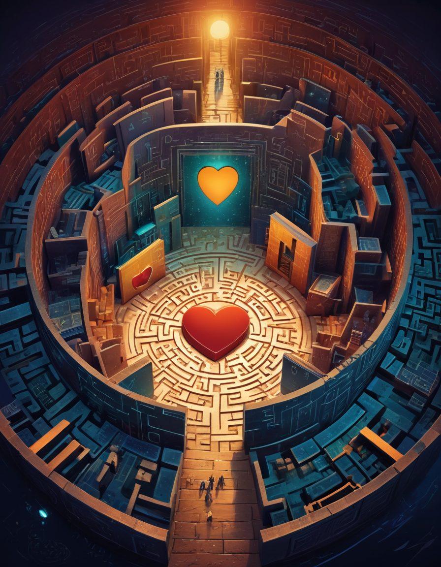 A symbolic representation of adult content protection featuring a maze with a keyhole, a shield with a heart emblem, and various digital devices around it. Soft lighting casts shadows, illustrating the complexity of navigating risks. A pathway leading to the keyhole symbolizes guidance and discovery. The color palette should be warm and inviting, yet slightly mysterious. digital art. vibrant colors. soft lighting.