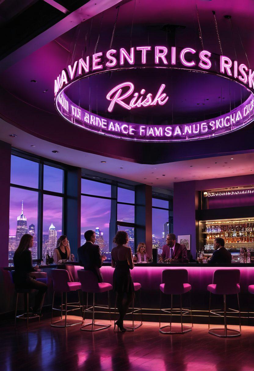 A stylish adult entertainment venue with a neon-lit sign reading 'Navigating the Risk' prominently displayed. In the foreground, a diverse group of confident professionals discussing insurance policies, surrounded by elements that represent both glamour and caution, such as a sparkling chandelier and warning signs. The backdrop should feature a skyline at dusk, blending urban sophistication with vibrant nightlife. Focus on a color palette of deep purples and bright pinks to evoke a lively atmosphere. super-realistic. vibrant colors.